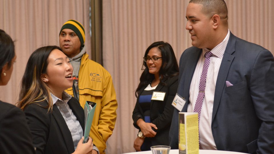 2005 graduate and “CBS This Morning” Supervising Art Director Gabriel Almanzar (at right, during the 2016 Lewis B. O’Donnell Media Summit).
