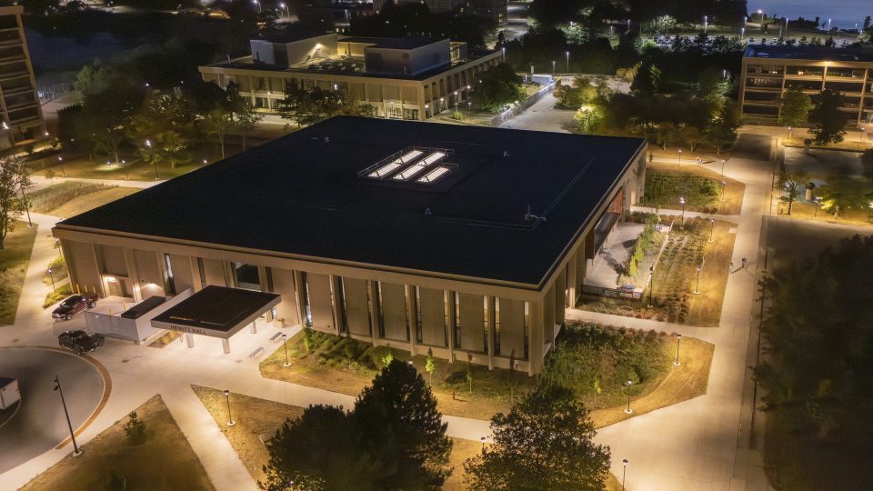 Hewitt Hall and the adjacent quad pictured via aerial