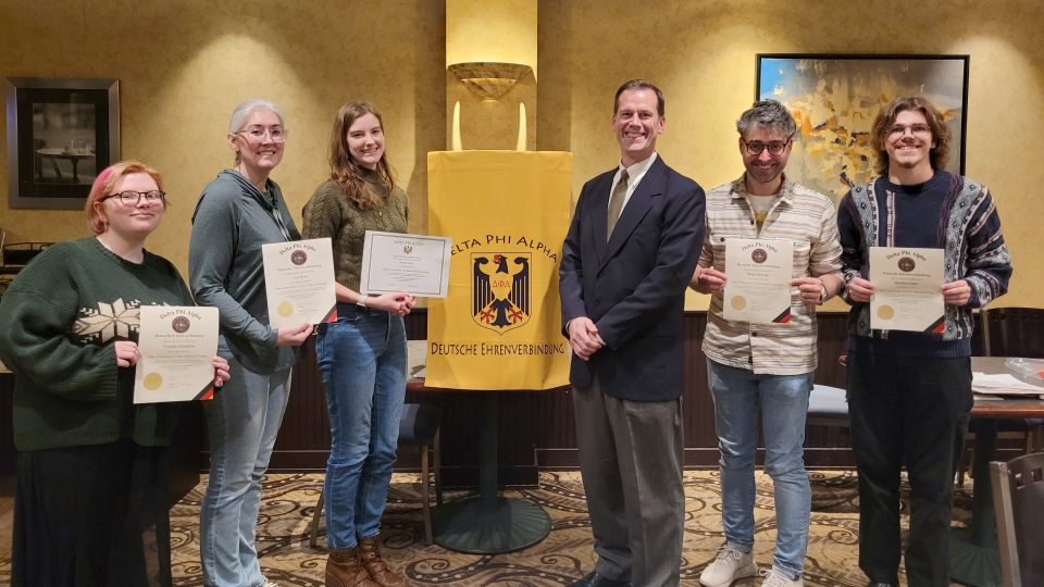 From left are students Corinne Hotchkiss and Liza Ruby; Ruthie Taber; faculty members Patrick Schultz and Mihai Paraschiv; and student Hayden Combs.