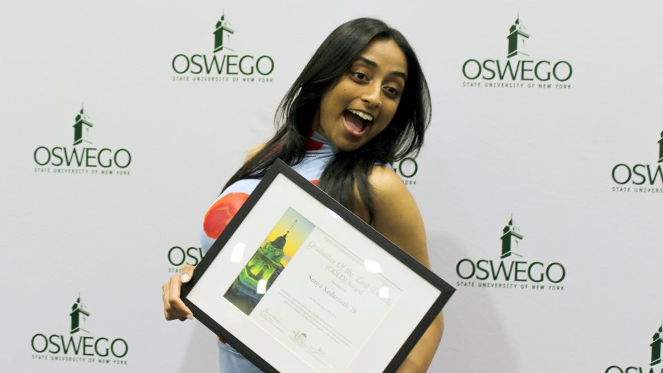 SUNY Oswego launched its 2026 alumni recognition season by honoring 2019 graduate Sonya Kedarnath with the Graduates Of the Last Decade (GOLD) Award during the Commencement Eve Reception