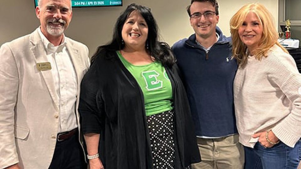 Greek Conference alumni speakers included, from left, Gary Morris, Dresden Engle Olcott, Jordan Robertaccio and Karin Lebitz Giudici