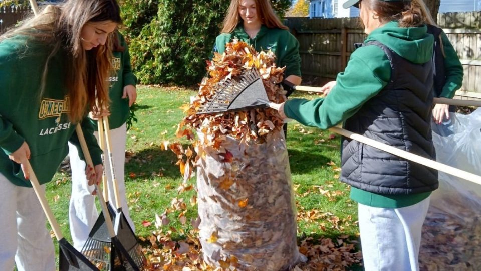 Members of the women's lacrosse team participate in Laker student-athletes' annual community service event raking leaves for local senior citizens.
