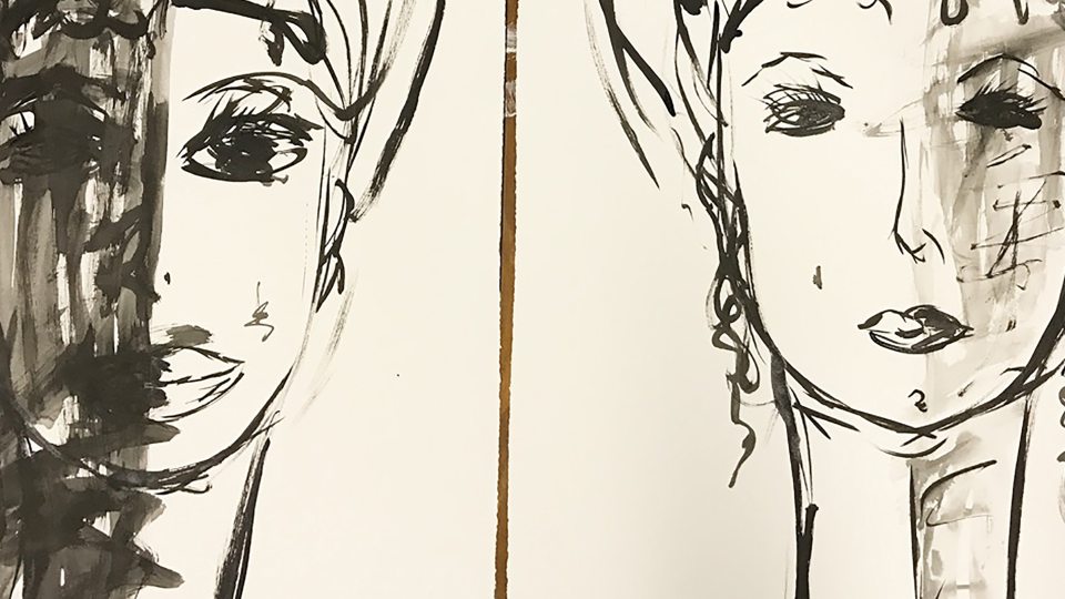 Black and white sketches of women's faces, somewhat obscured, by Marcela Hanford