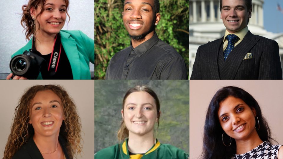 SUNY Oswego student banner presenters for the May 2025 ceremonies include:Melinda Brancato, Jaylen Cameron and Austin Davis; Bryleigh Beauchat, Rachel Corbett and Manali Shivapurkar