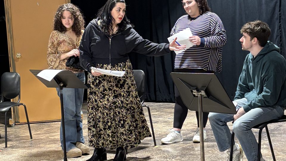 Bella Poynton, assistant professor of theatre, gives direction at a rehearsal for ""An Existential Staged Reading of Jean-Paul Sartre’s 'No Exit.'"