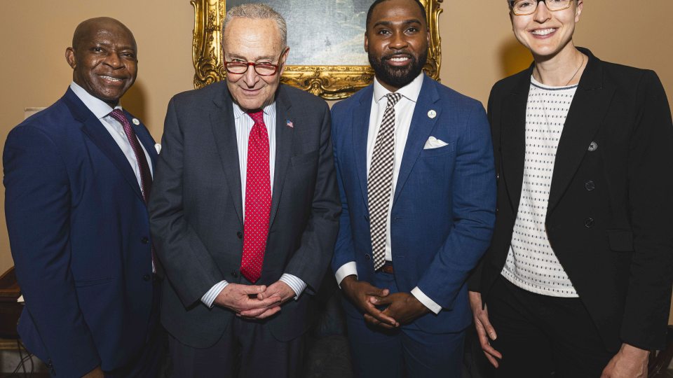 President Peter O. Nwosu met with U.S. Senate Minority Leader Chuck Schumer and others to discuss investments in research and innovation, student success, social mobility and related topics