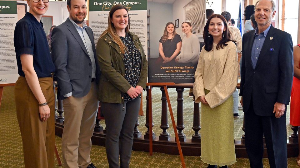 SUNY Oswego Assistant Vice President for Workforce Innovation and External Relations Kristi Eck; Austin Wheelock and Alexandra Fitzpatrick of Operation Oswego County; Natalie Glosek, an English and creative writing major; and Oswego Mayor Robert Corradino