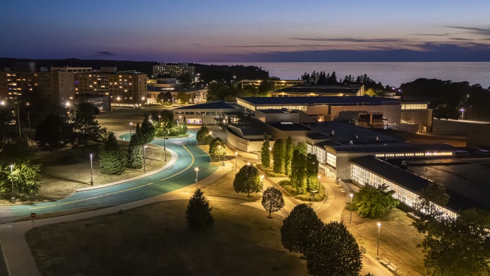 Aerial view of campus at night