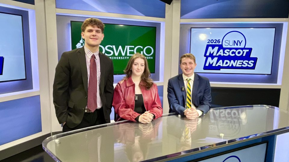 SUNY Oswego broadcasting and digital media students Luke Belanger, Joshua Matteson and Michelle Smith have earned attention and admiration across the state and beyond by providing ongoing “SportsCenter”-style coverage of SUNY’s annual Mascot Madness.