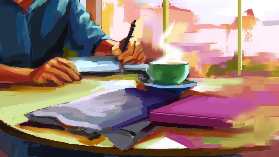 Illustration of person with pen by David Owens