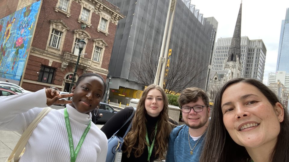 The Subnivean student-run literary magazine was well-represented during a panel at a large conference in Philadelphia; from left are alumni Pamela Toussaint and Shannon Sutorius; current student Edward Sourby; and faculty member Soma Mei Sheng Frazier