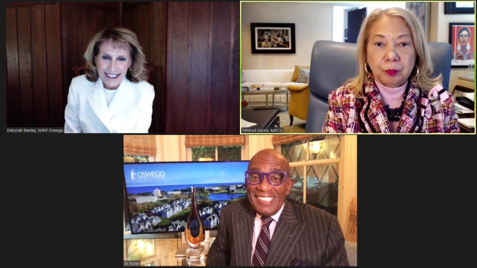 Al Roker '76, weather and feature anchor on NBC News’ "TODAY," earned the American Association of State Colleges and Universities 2020 Distinguished Alumnus Award; Oswego President Deborah F. Stanley and AASCU President Mildred García congratulate him