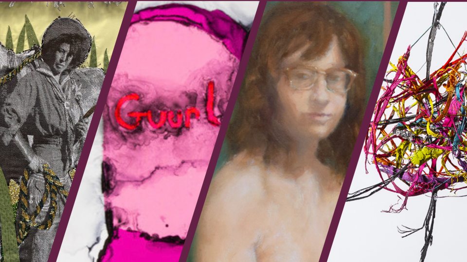 Collage of artists' works for She is on Her Way exhibition