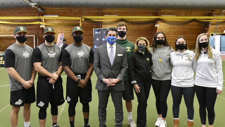 SUNY Chancellor Jim Malatras, President Deborah F. Stanley and SUNY Oswego spring student-athletes