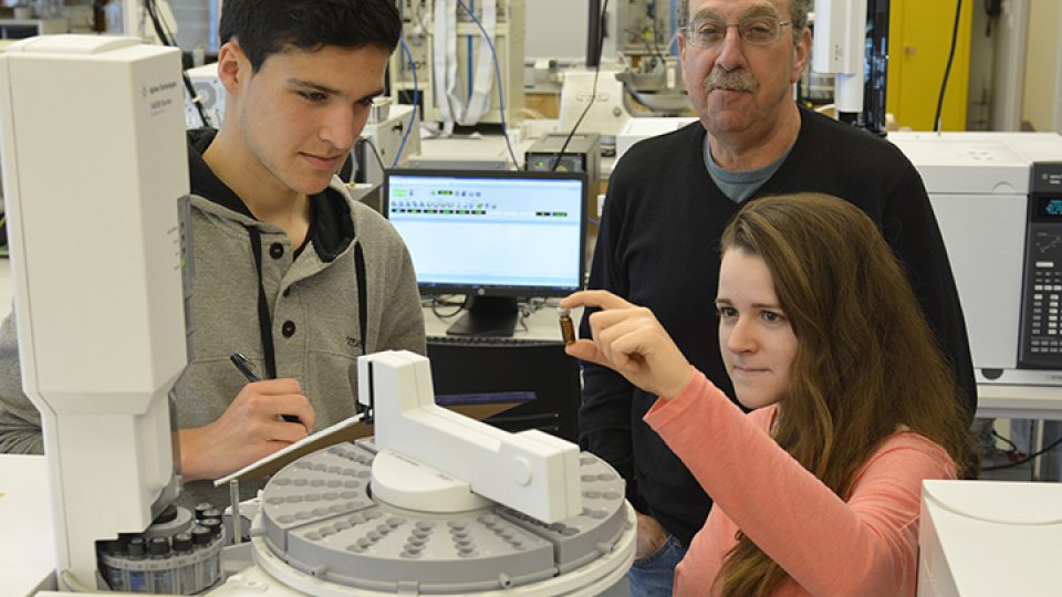 Students conduct research while a faculty supervises