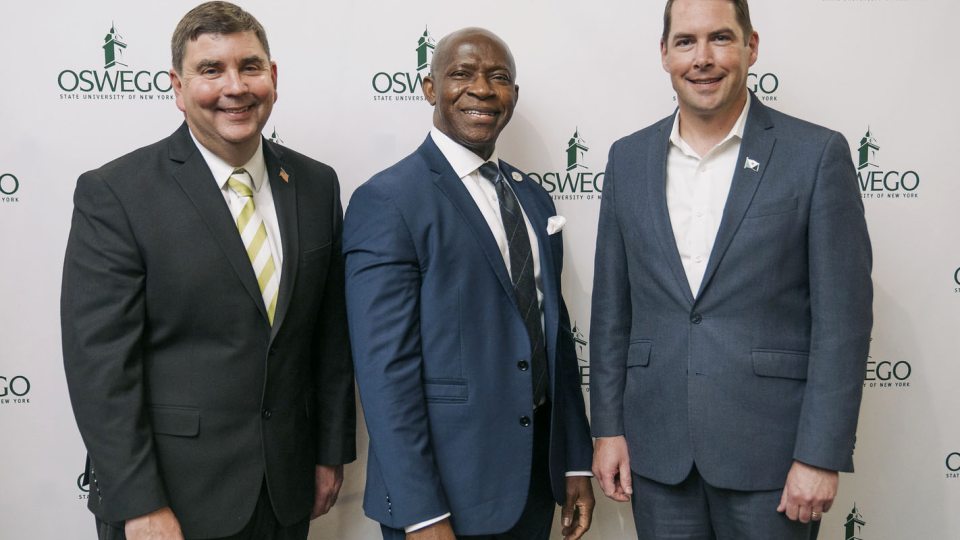 NYS Senator John Mannion, SUNY Oswego President Peter O. Nwosu and Syracuse Mayor Ben Walsh at the community reception at SUNY Oswego's Syracuse Campus.