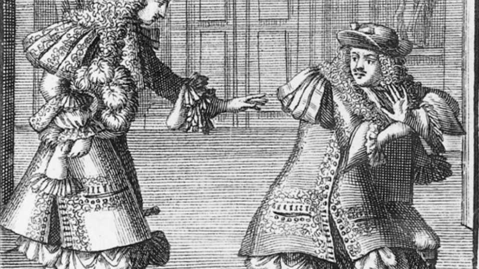 Print of two actors in a scene from Moliere's The Misanthrope