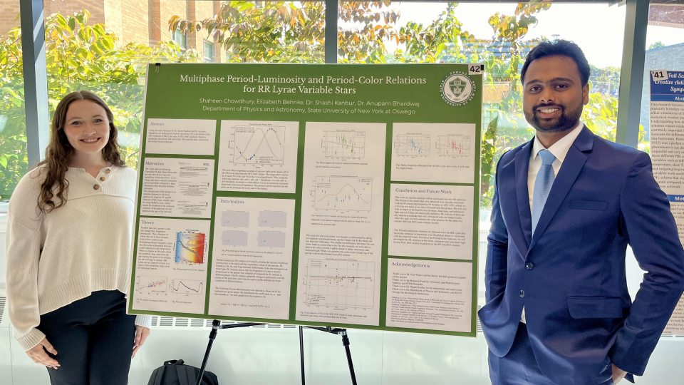 SUNY Oswego students Elizabeth Behnke and Shaheen Chowdhury present their research "Multiphase Period-Luminosity and Period-Color Relations for RR Lyrae Variable Stars," which uses variable stars to explore the size and age of the universe.