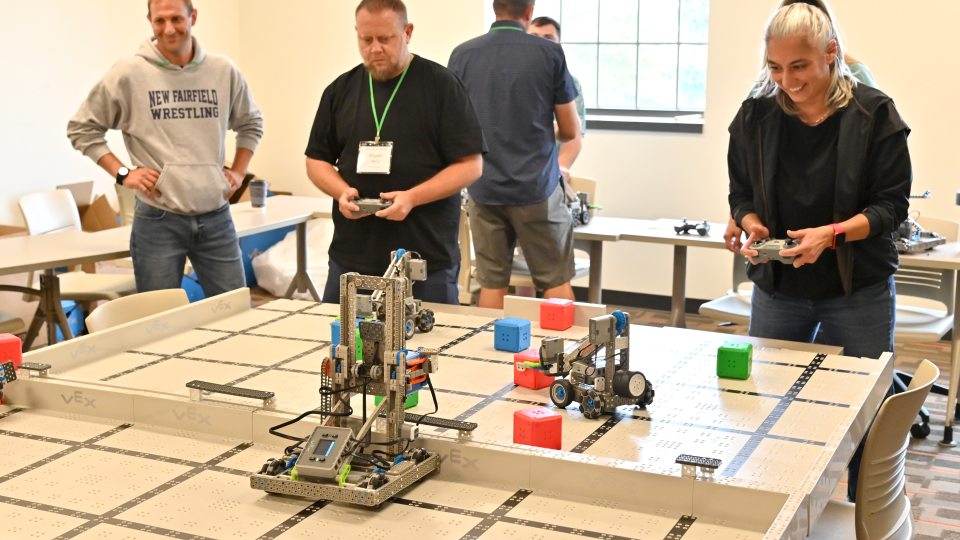 Teachers from around New York state converged on the SUNY Oswego campus in August fort VEX IQ robotics training, sponsored by a grant from Micron Technology