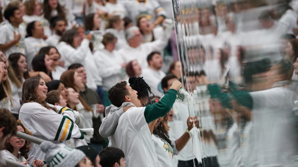 Students cheer on the Laker men's hockey team during a previous Whiteout Weekend game