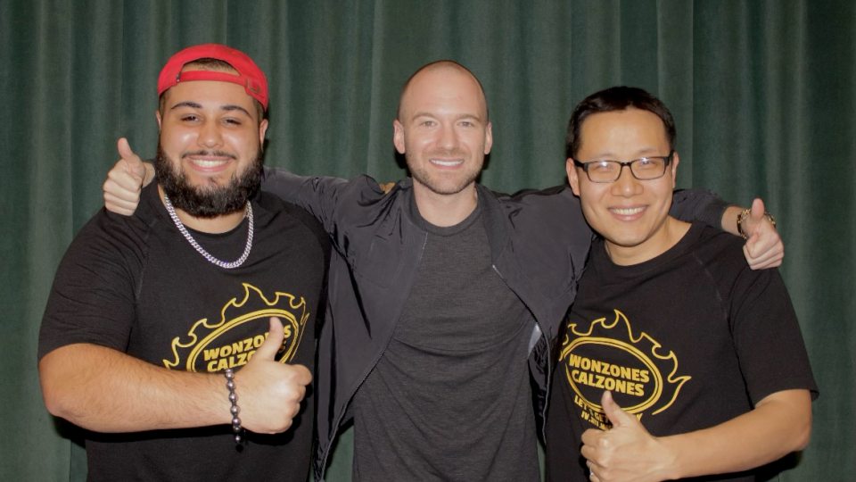 Student Zac Nusimow, Hot Ones host Sean Evans and Wonzones owner Jason Shi