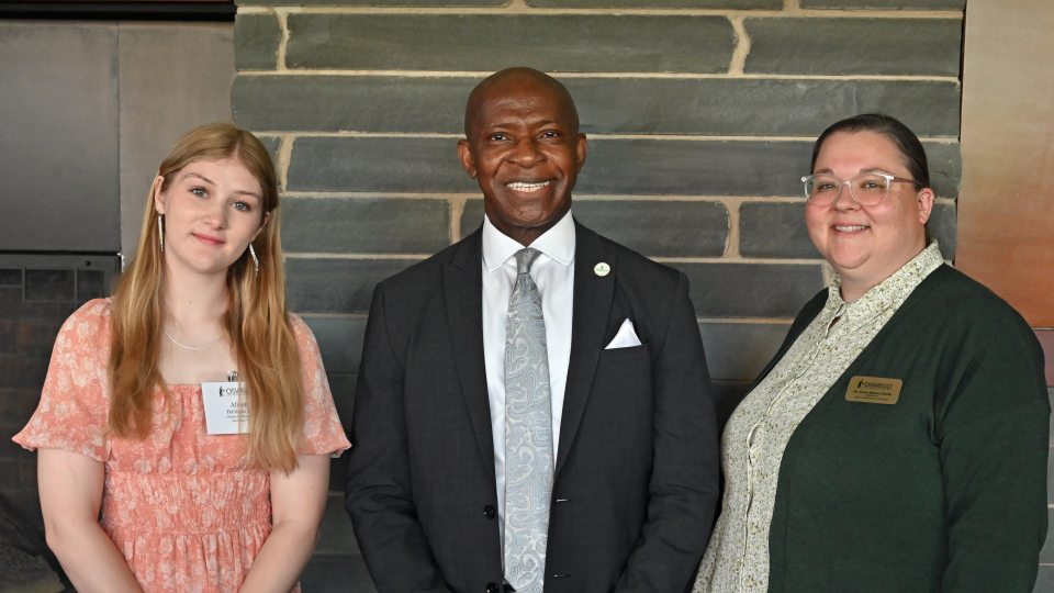 Childhood education major and scholarship recipient Alison Hallinan, President Peter O. Nwosu and Grace Maxon-Clarke, associate dean of students 