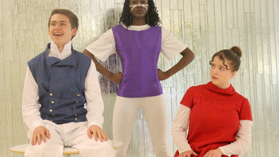 Starring as Robotic Companions (or RCs) in "The Appliance Department," opening SUNY Oswego's theatre season, are from left, Jevin Ray, Tara Turton and Tati Copp