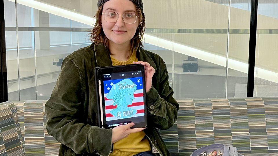 A design by SUNY Oswego illustration major Jamie Farrell is among the six finalists up for vote in the I Voted at SUNY sticker design contest announced on Oct. 13 by SUNY Chancellor John B. King Jr.