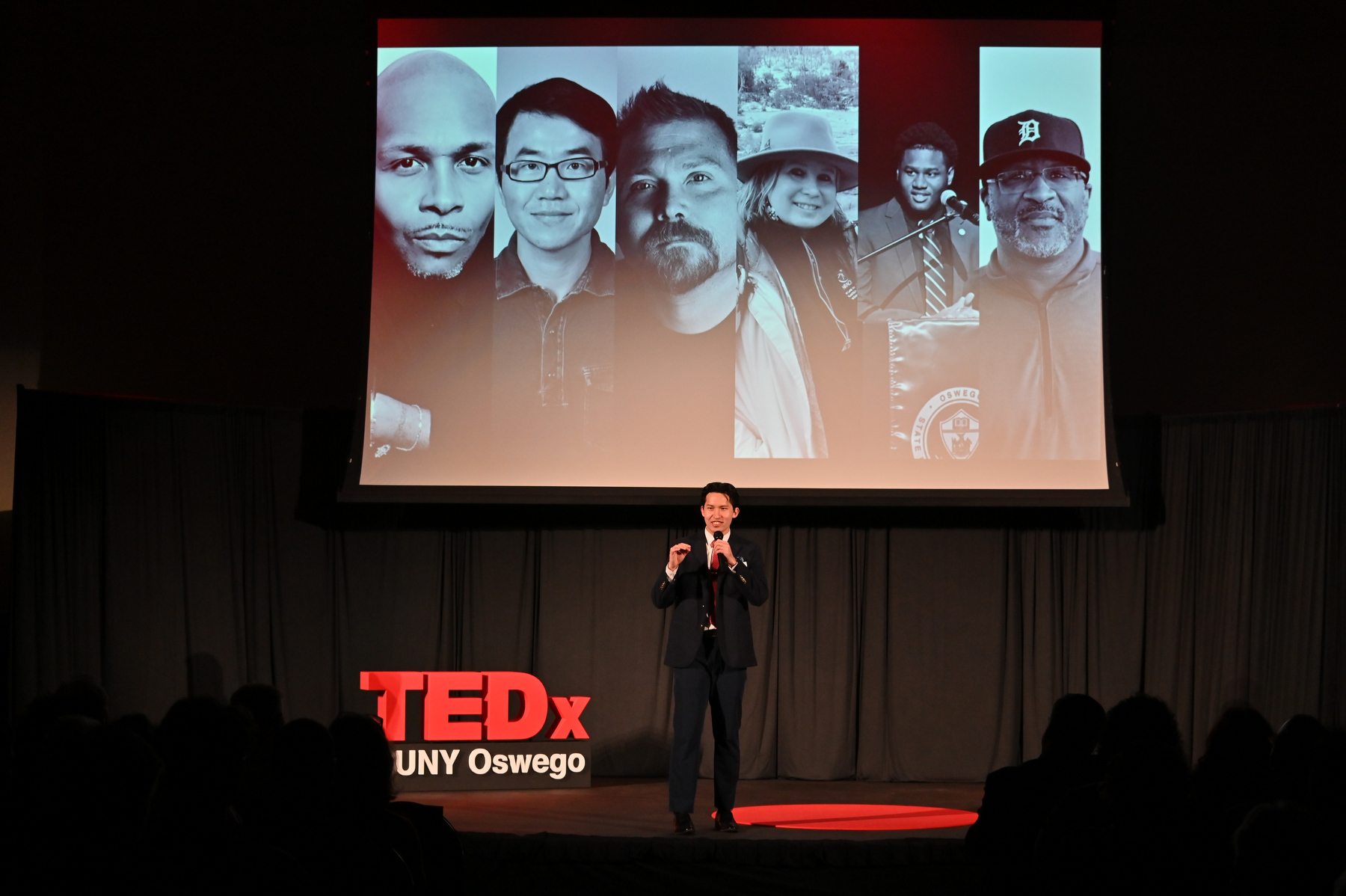 Eason Lee introduces the inaugural TEDxSUNY Oswego in April 2025