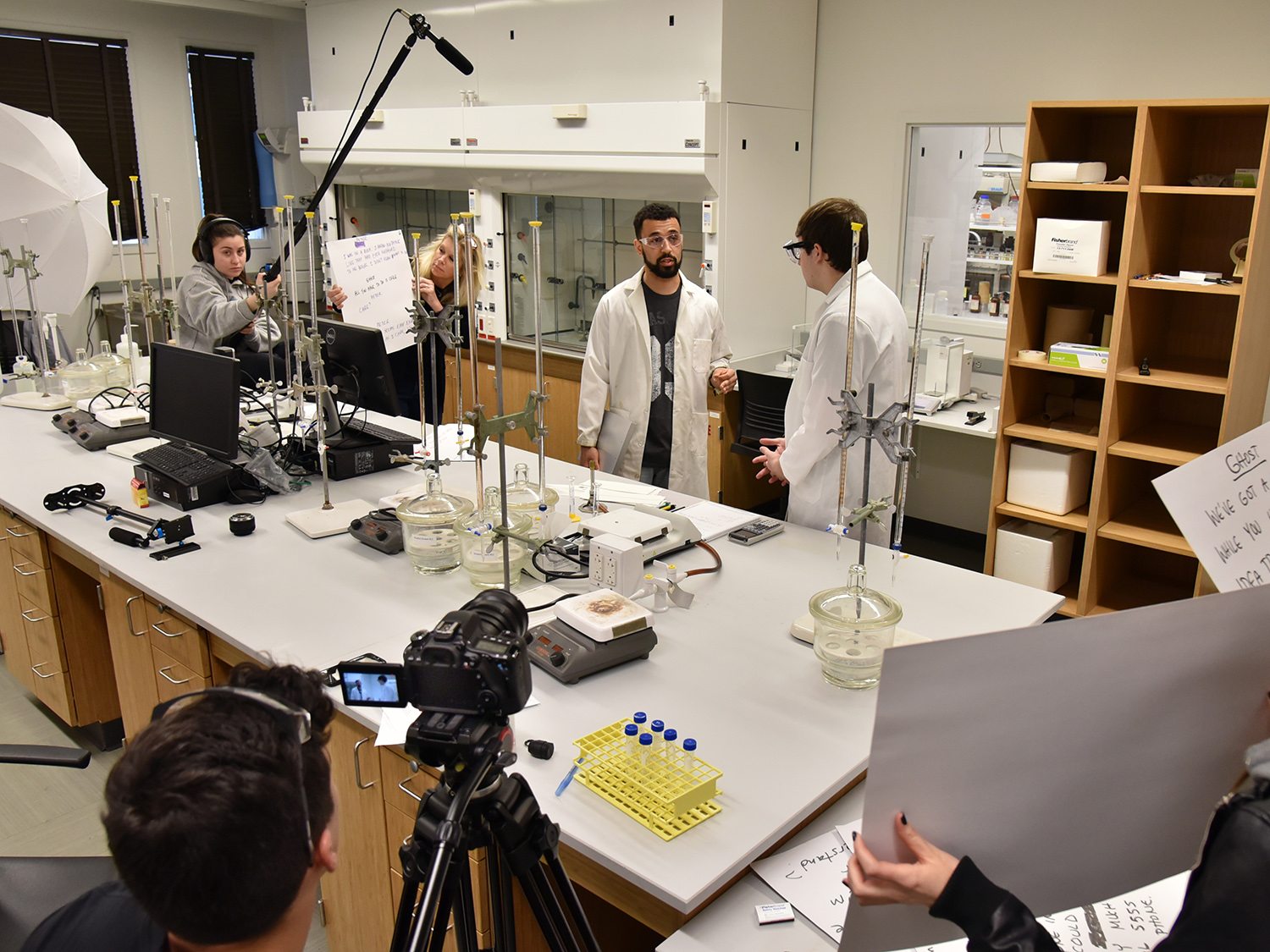 Chemistry and cinema studies students working on lab safety video