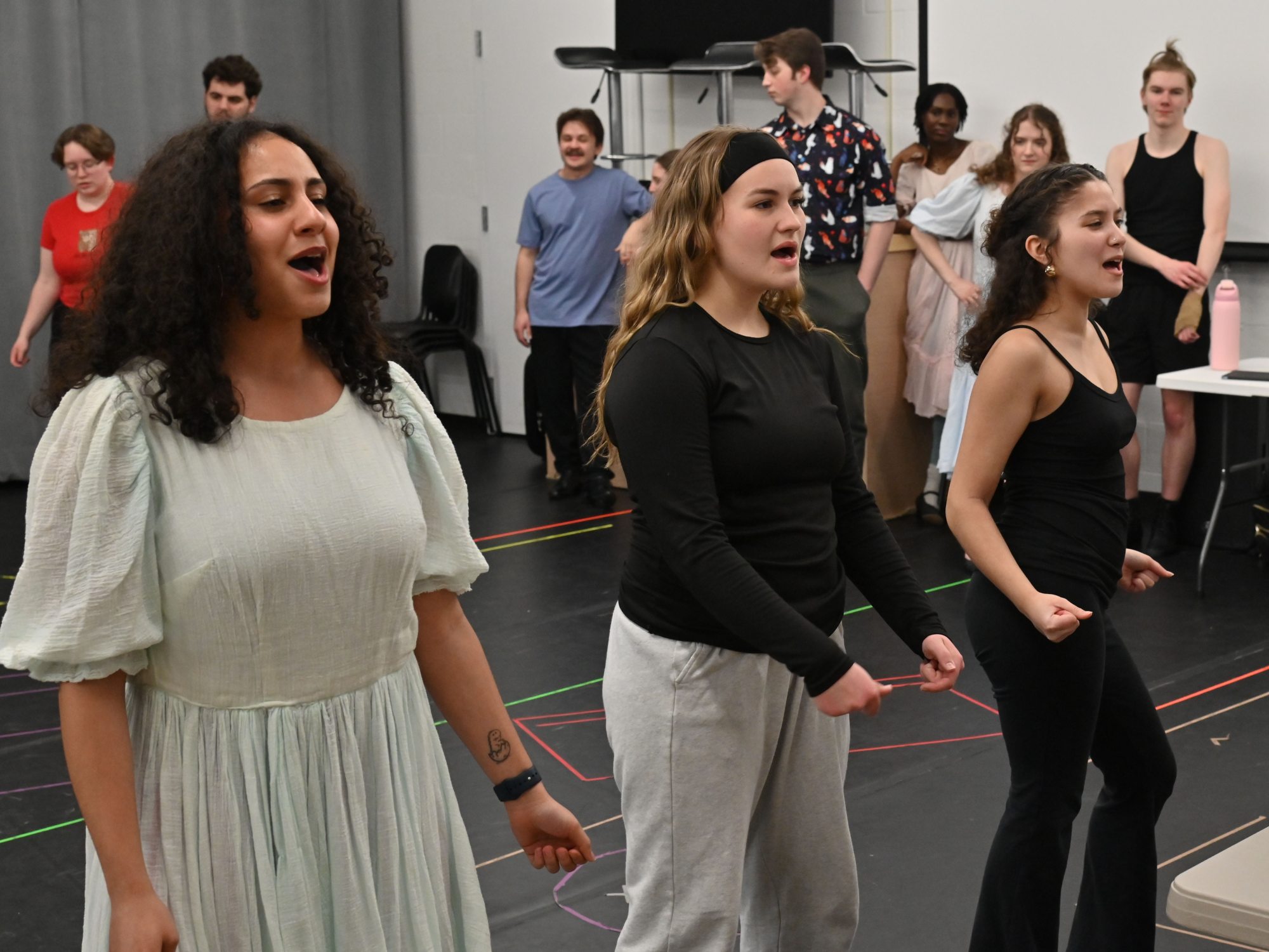 Cast members working on the upcoming SUNY Oswego production of "All Shook Up" include, from left, Chelli Lopez, Alexandra Hallam, Ariana Palmer and Faith Wilk