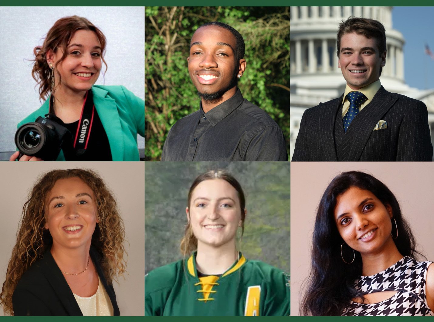 SUNY Oswego student banner presenters for the May 2025 ceremonies include:Melinda Brancato, Jaylen Cameron and Austin Davis; Bryleigh Beauchat, Rachel Corbett and Manali Shivapurkar