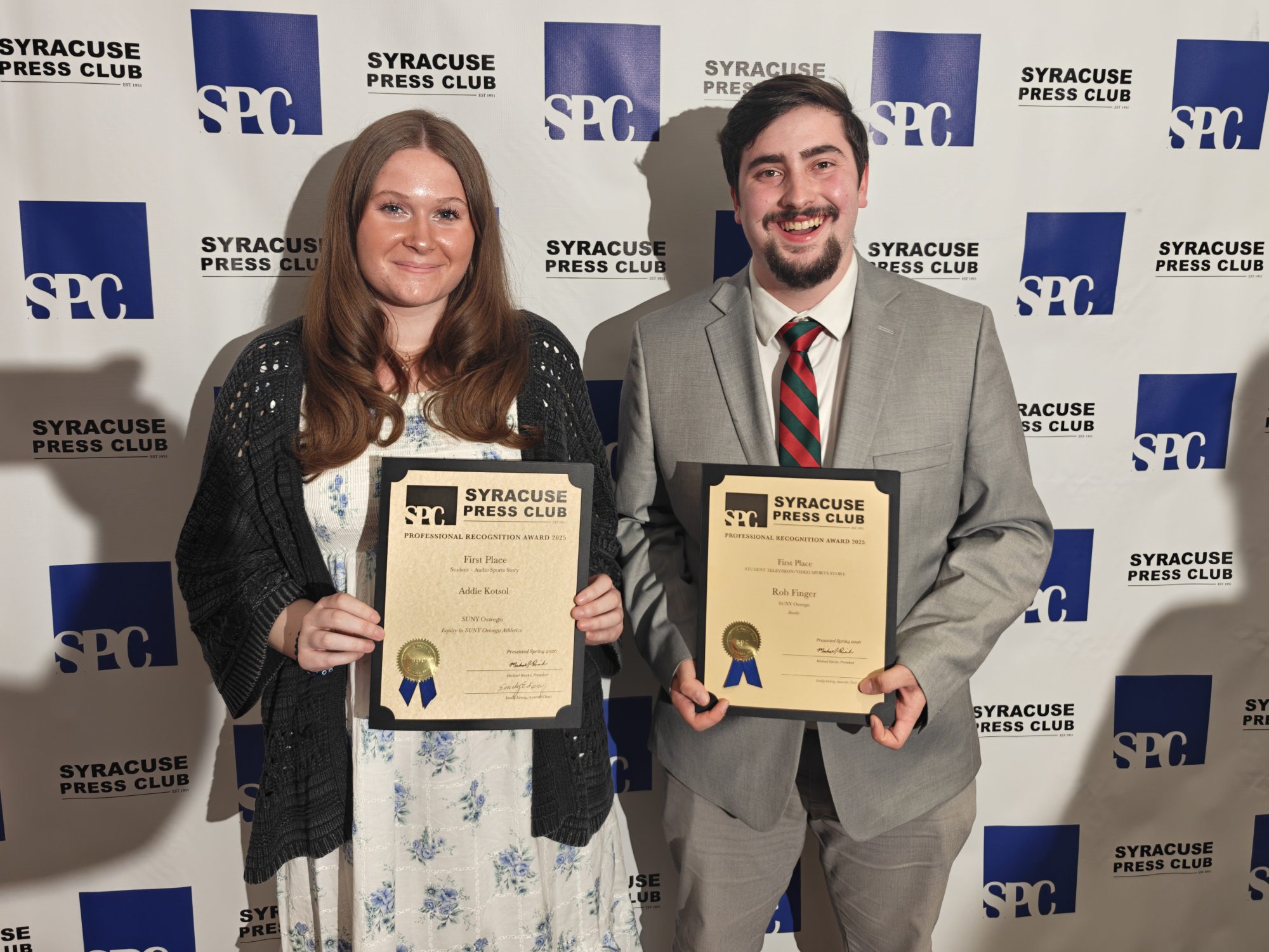 Sophomore journalism major Addie Kotsol and senior broadcast and digital media major Rob Finger received honors during the Syracuse Press Club's Professional Recognition Awards Saturday, May 2 at the Everson Museum of Art in Syracuse