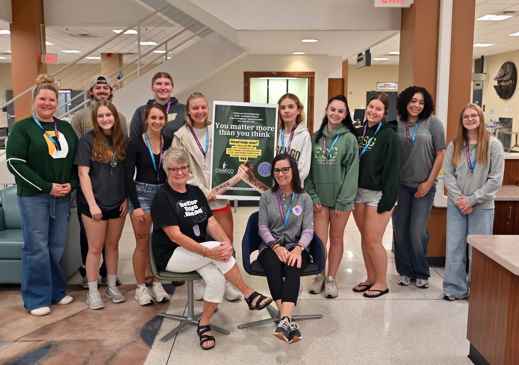 SUNY Oswego and the Oswego County Suicide Prevention Coalition partnered to install 988 Suicide and Crisis Lifeline signage across campus, making mental health support more visible and accessible to students, faculty and staff. 