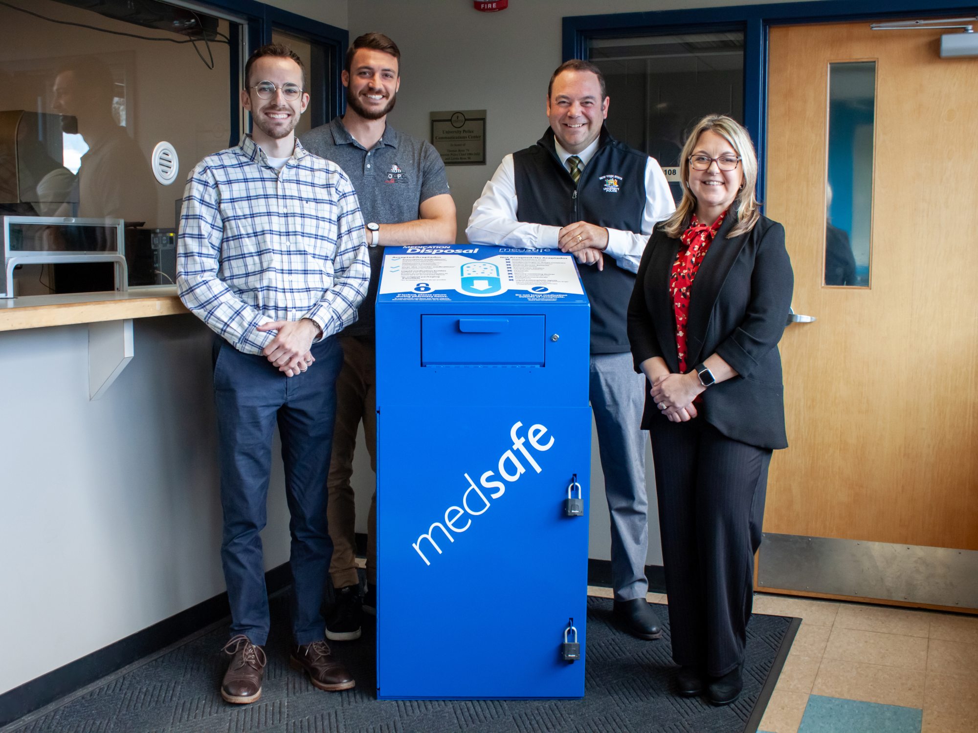 The Oswego County Prevention Coalition, in partnership with SUNY Oswego, is pleased to announce the installation of a new MedSafe prescription drug disposal dropbox on campus. Located inside the University Police Department, Pathfinder Hall, this initiative marks the seventh safe disposal dropbox to be installed across Oswego County as part of the coalition's mission to eliminate medical waste and dispose of prescription drugs safely.