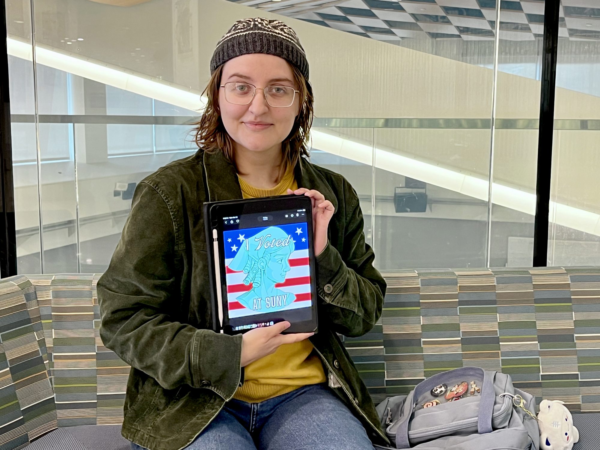 A design by SUNY Oswego illustration major Jamie Farrell is among the six finalists up for vote in the I Voted at SUNY sticker design contest announced on Oct. 13 by SUNY Chancellor John B. King Jr.