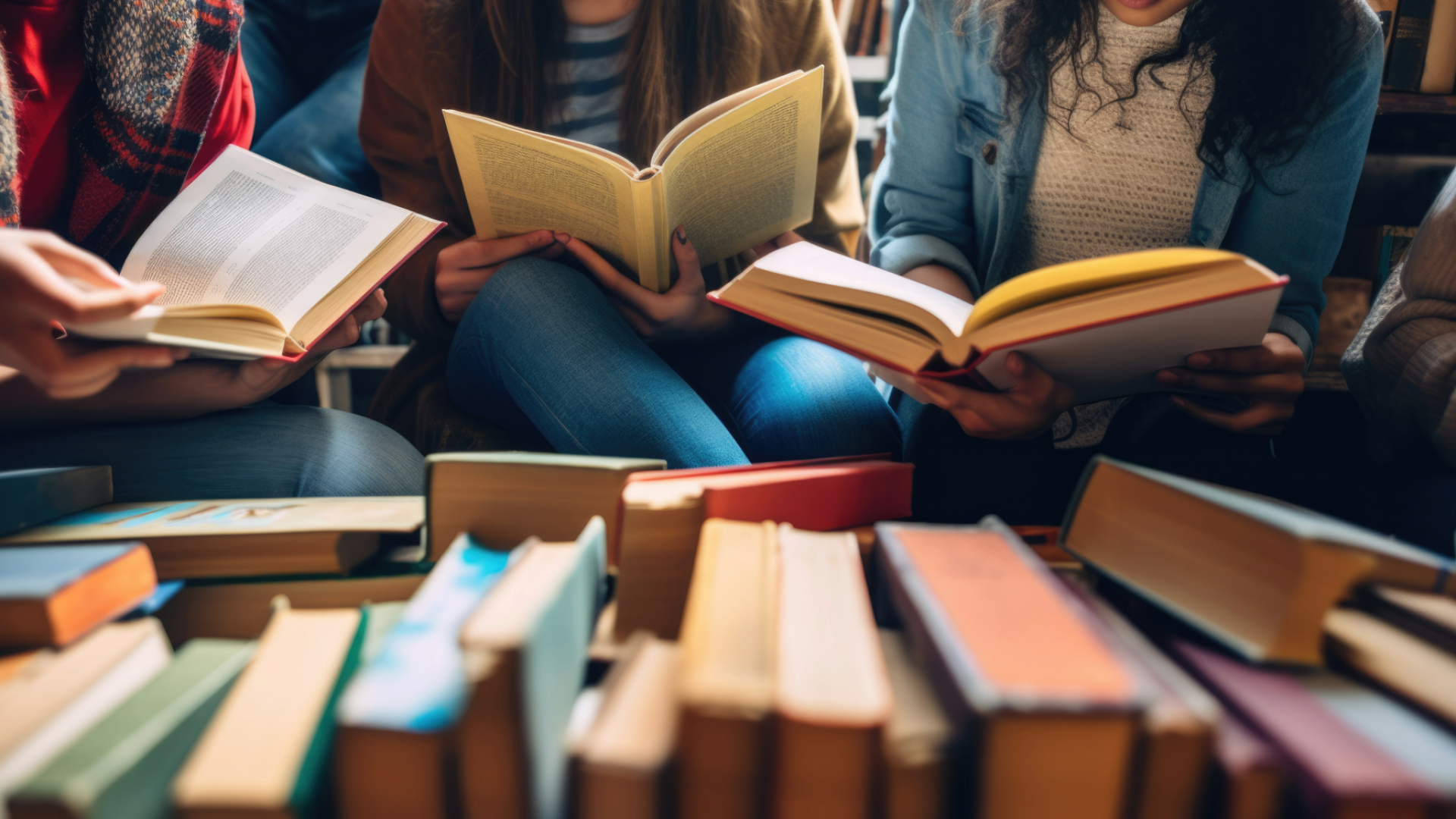 group of college students reading library books