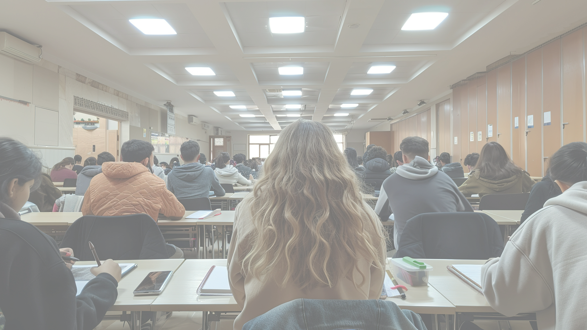 Large classroom full of students taking an exam.