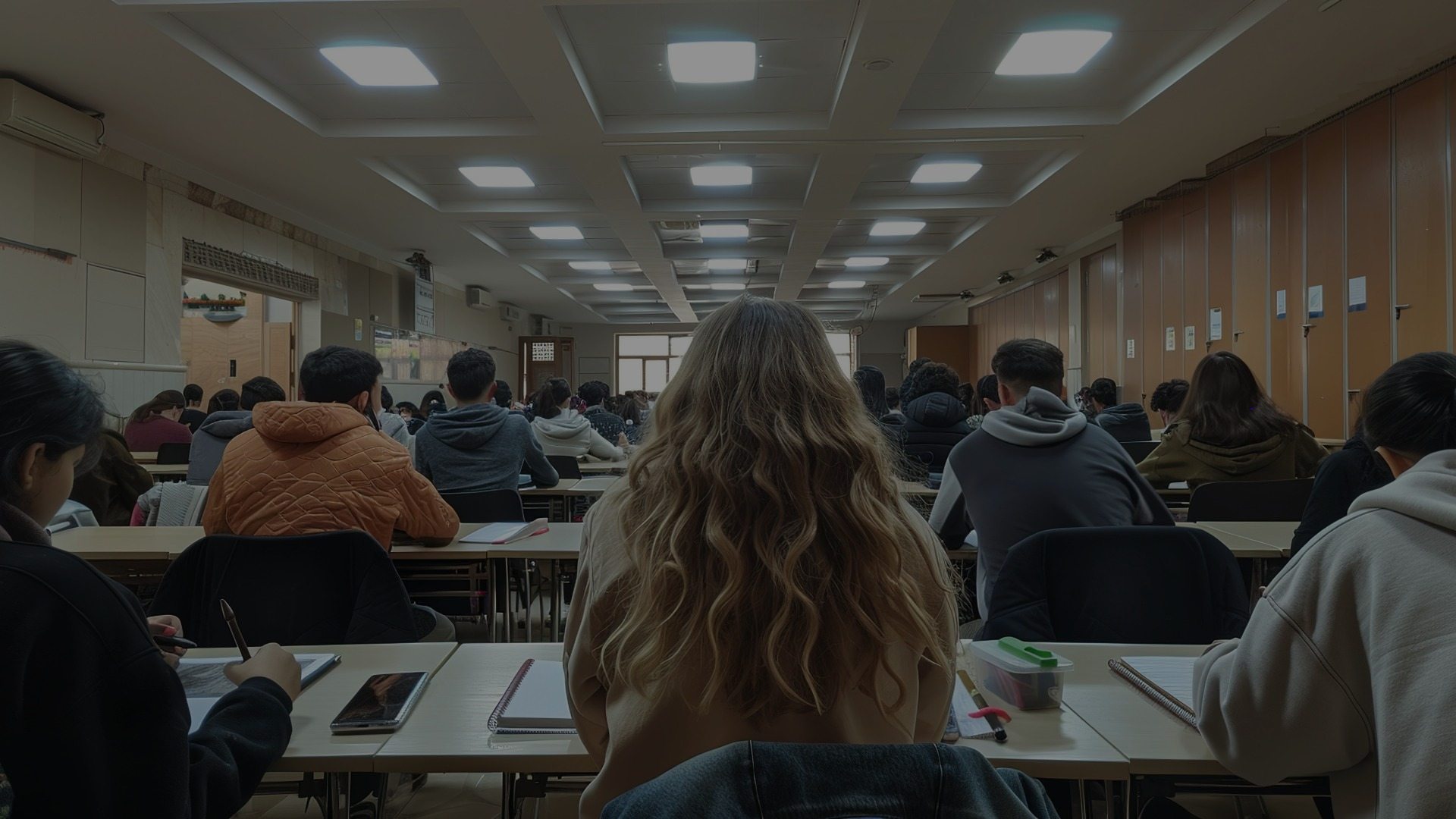 A class of college students sit in a large classroom listening to a lecture.