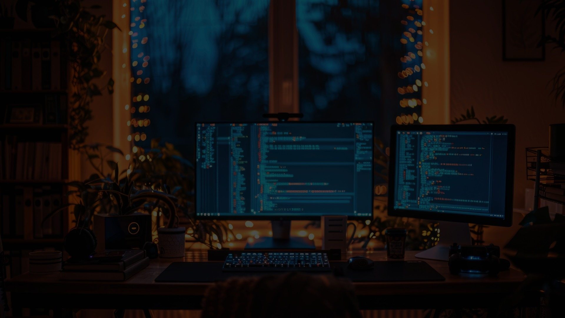 A computer with two monitors displaying code is set up on a desk.