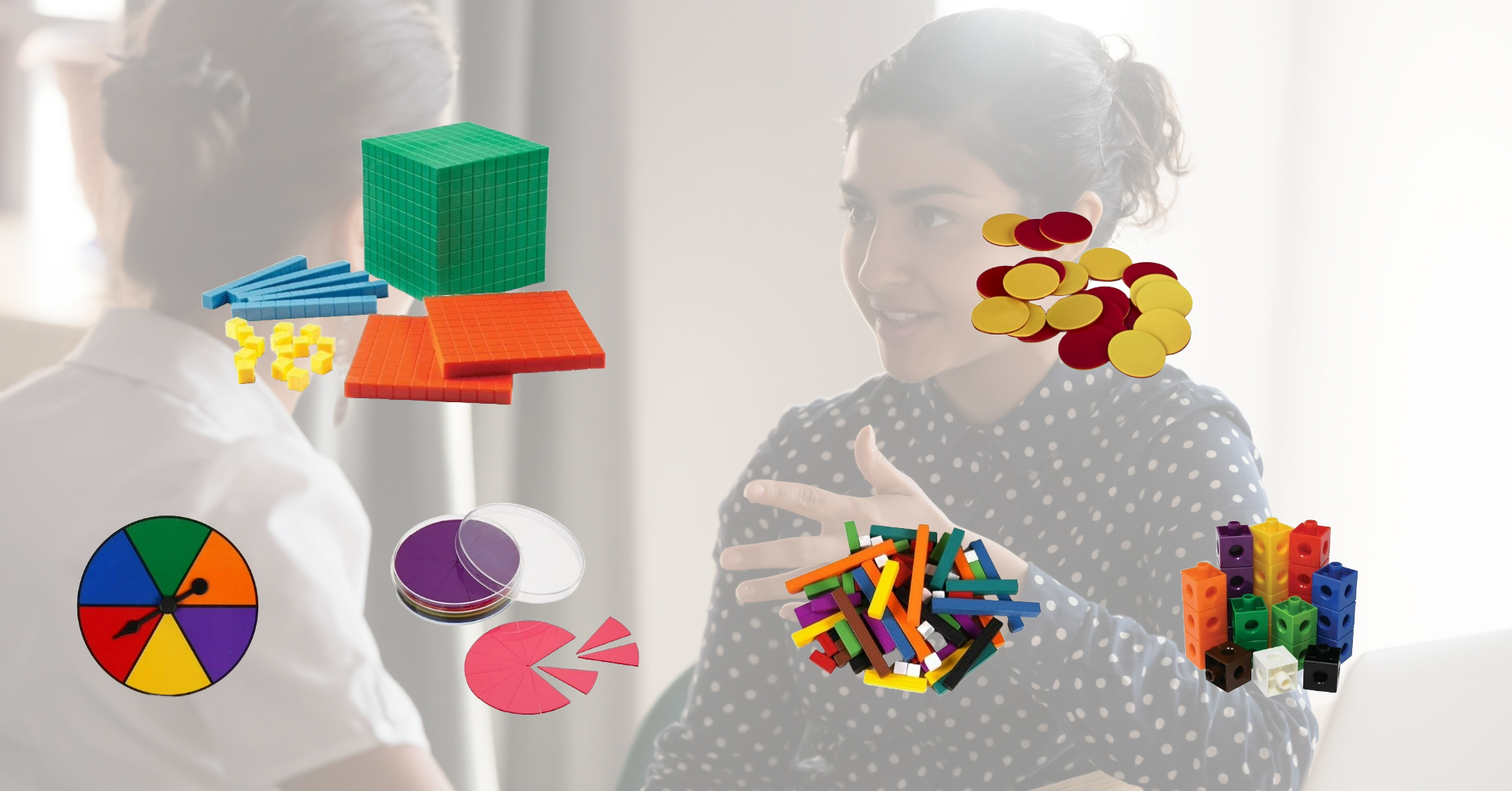 Base 10 blocks, fraction circles, Cuisenaire rods, probability spinners, +/- chips, snap cubes