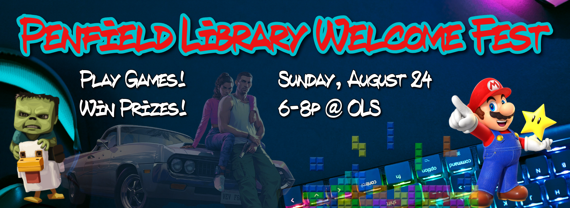 Penfield Library Welcome Fest. Play Games, Win Prizes! Sunday, August 24 6-8pm At OLS. Sponsored by Student Orientation and Family Engagement.