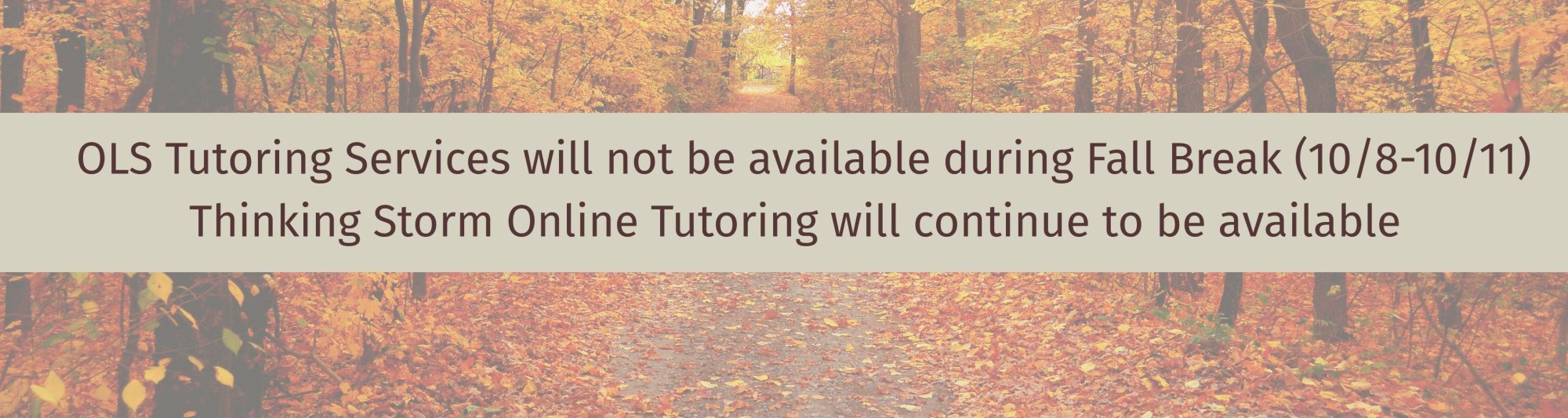 OLS Tutoring Services will not be available during Fall Break (10/8-10/11). Thinking Storm Online Tutoring will continue to be available.