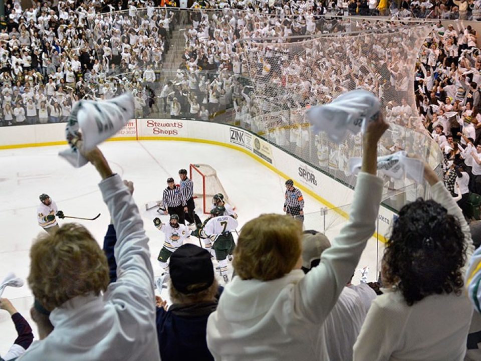 Oswego fans cheering at an ice hockey game