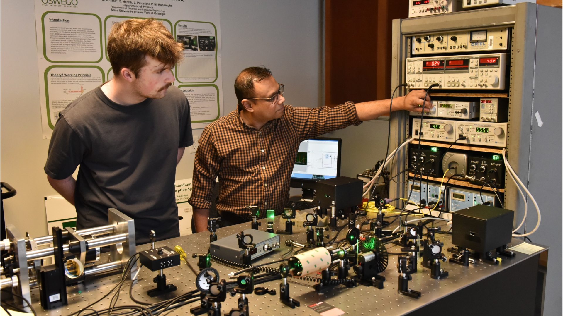 A professor and student in the atomic molecular and optics lab