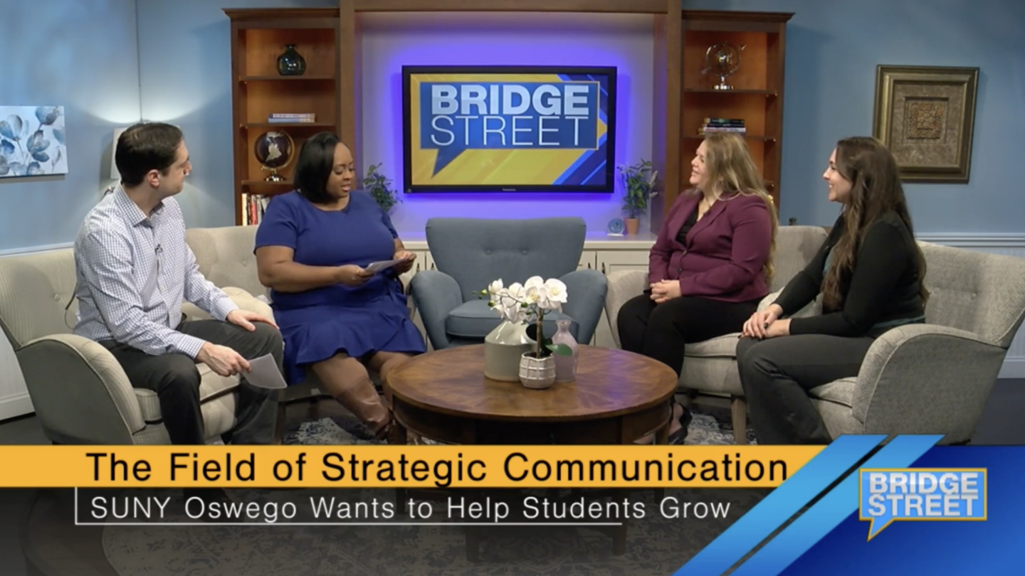 screenshot of the segment on bridgestreet with two hosts and suny oswego professor and student
