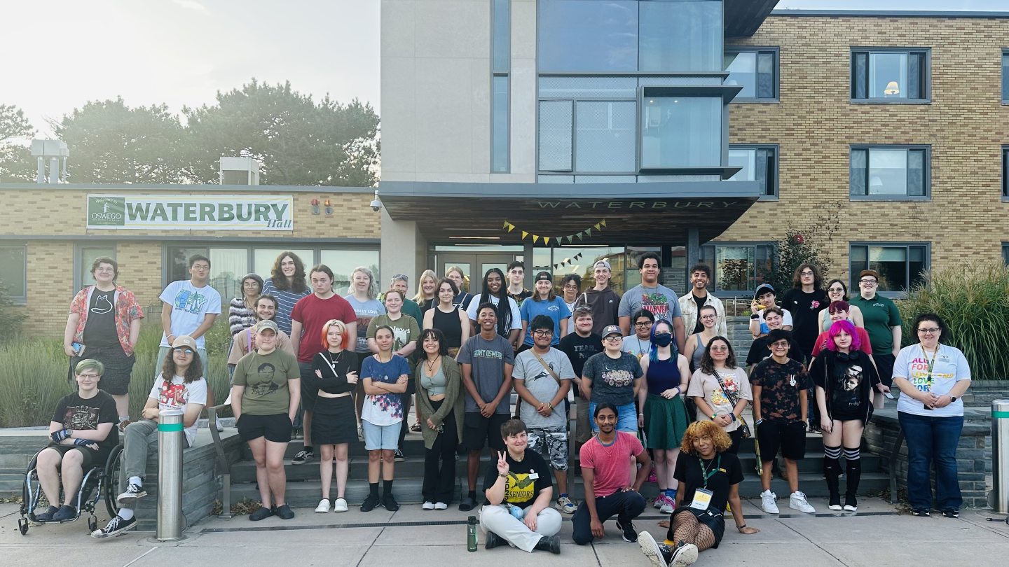 Group of students in front of Waterbury Hall. 