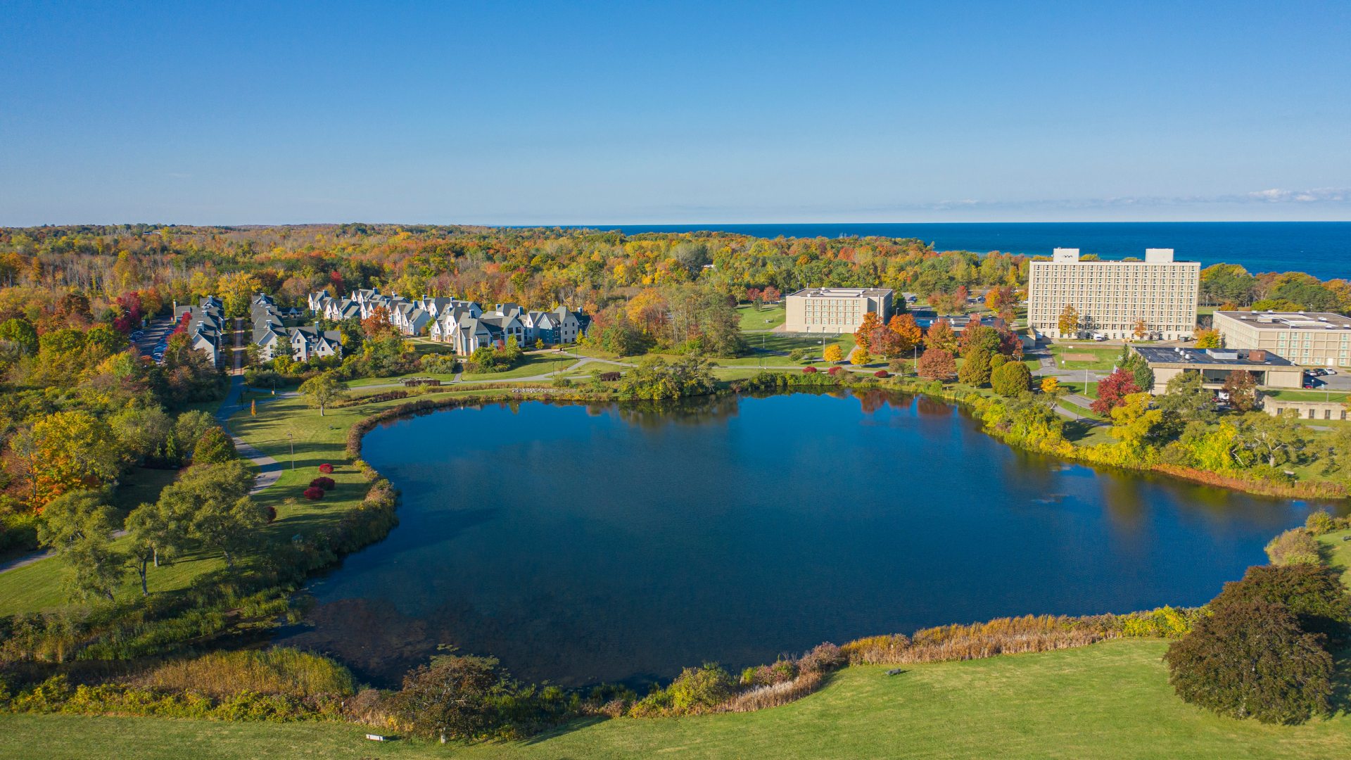 aerial view of campus looking over the lagoon