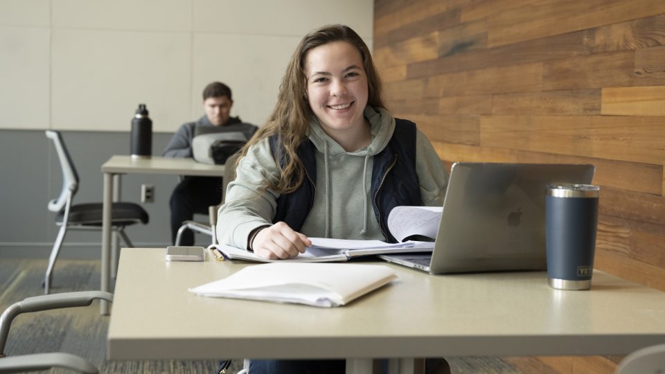 female student working on a laptop