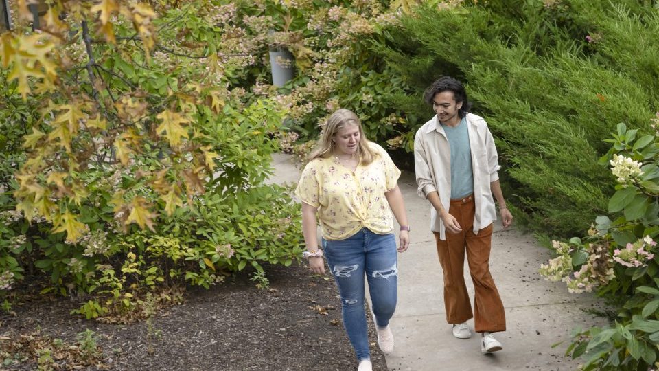 Two students walking along a path on campus